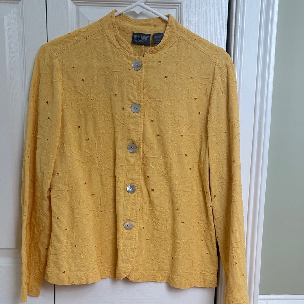 Chico's Yellow Floral Embroidered Jacket with Silver Accents